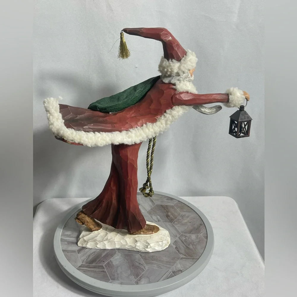 Christmas Vintage Painted Santa Figurine Rustic Carved Style Lantern Decor 12”